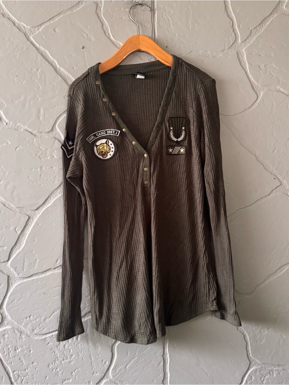 Torrid Size 0 Olive Green Military Patch Thermal Henley Top
